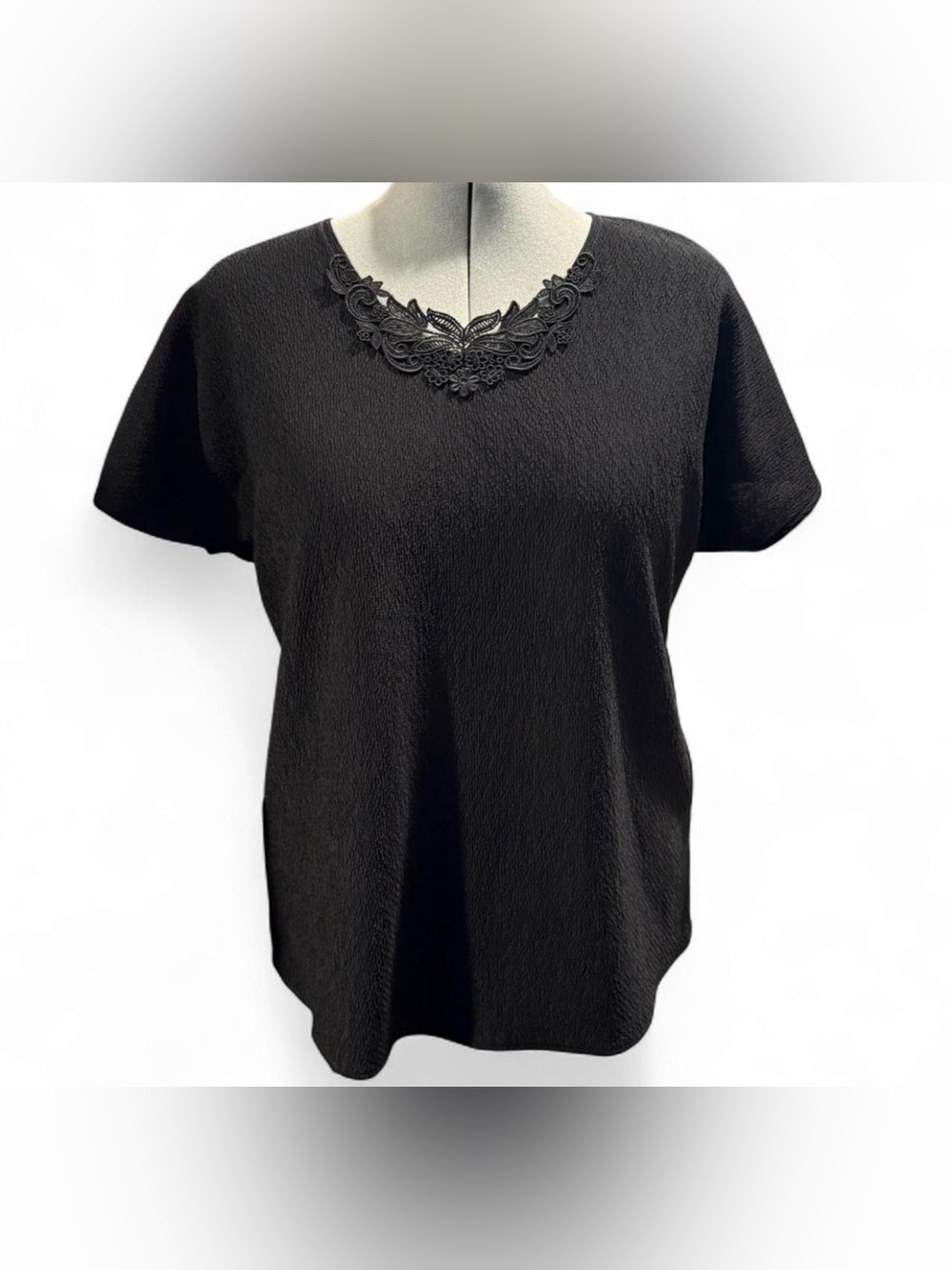 Lauren Lee Black Short-Sleeve Tee with Decorative Neckline